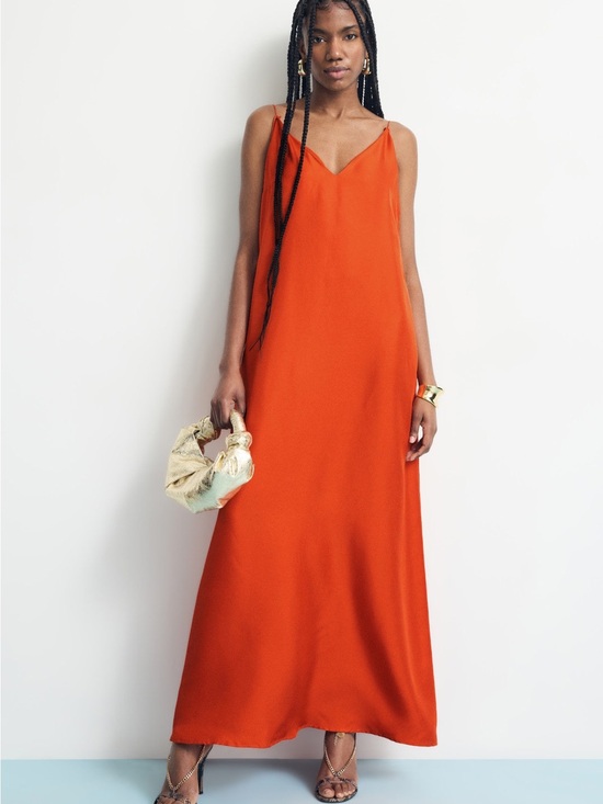 Róhe Dresses & Skirts - V-Neck Orange Slip Maxi Dress with Thin Straps